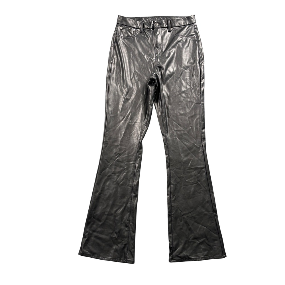 American Eagle Faux Leather Flare Pant Women 10 Long Black High Rise Stretch Y2K